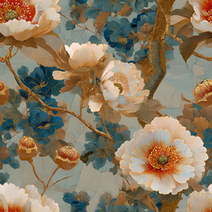 Chinoiserie-inspired seamless pattern featuring ornate flowers and golden leaves on a textured teal-blue background. Perfect for luxury wallpaper, fine textiles, stationery