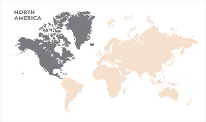 Minimalist North America map-01, Map of North America, highlighted on the world map, North America on the world map, Satellite view, North America's location on the globe.