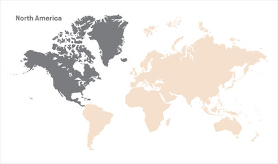 Minimalist North America map-03, Map of North America, highlighted on the world map, North America on the world map, Satellite view, North America's location on the globe.