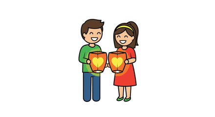 Lanterns of Love: A happy couple stands side-by-side, tenderly holding aloft glowing lanterns decorated with heart symbols, exuding love, affection, and celebration.