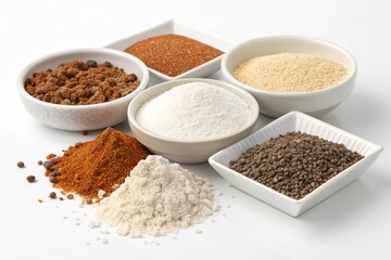 Various spices and herbs arranged in bowls displaying ingredients for culinary cooking.