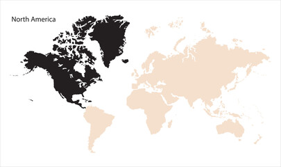 Minimalist North America map-02, Map of North America, highlighted on the world map, North America on the world map, Satellite view, North America's location on the globe.