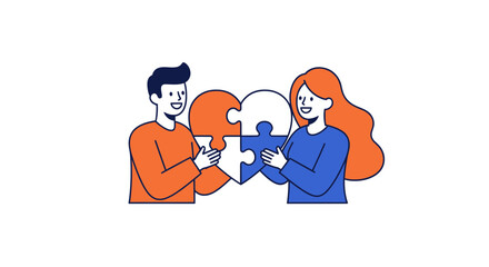 Team Building with Heart: Two individuals collaborate, fitting puzzle pieces together to form a heart, symbolizing teamwork and partnership.