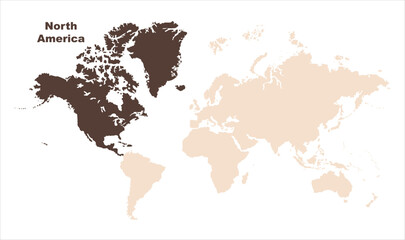 Minimalist North America map-05, Map of North America, highlighted on the world map, North America on the world map, Satellite view, North America's location on the globe.