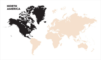 Minimalist North America map-09, Map of North America, highlighted on the world map, North America on the world map, Satellite view, North America's location on the globe.