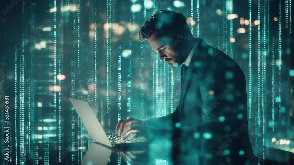 Poster data processing by caucasian businessman amidst glowing digital elements in urban setting at night, 