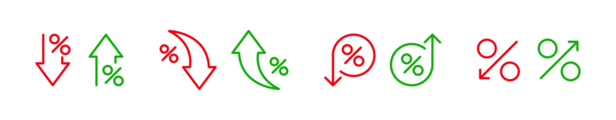 Percentage trend icons featuring up and down arrows with percent symbols representing interest rate, value, or change.