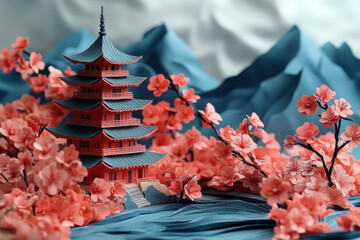 Red pagoda surrounded by pink flowers.