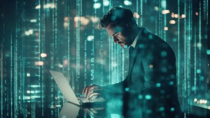 Data processing by caucasian businessman amidst glowing digital elements in urban setting at night, data processing over caucasian businessman using laptop in office - Powered by Adobe