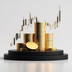 Gold coins stacked in tiered structure, atop a black podium, with a financial chart overlay