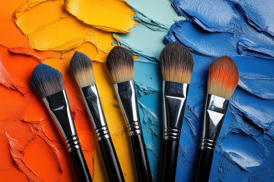 Colorful paintbrushes on table with acrylic paints splattered around.