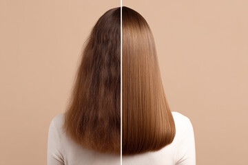Hair transformation: Before and after straightening, highlighting the smoothness and shine achieved, against a neutral background.