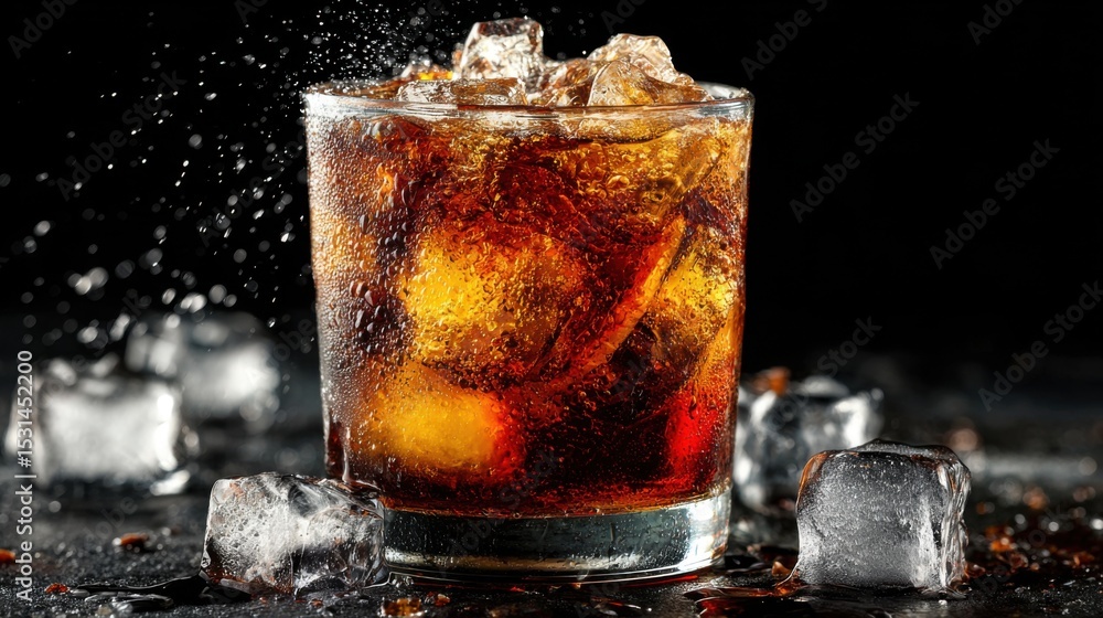 Poster a chilled glass filled with dark soda sits on a dark surface. ice cubes are splashing as they settle