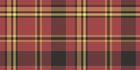Seamless red, yellow, and black tartan plaid pattern with bold diagonal stripes. Geometric checkered design for fabric, wallpaper, or digital backgrounds. Vector repeatable textile texture