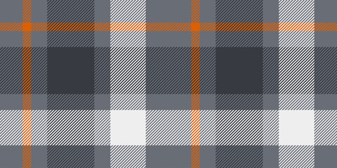Seamless gray, orange, black, and white tartan plaid pattern with bold diagonal stripes. Geometric checkered design for fabric, wallpaper, or digital backgrounds. Vector repeatable textile texture