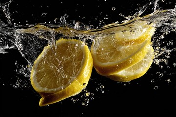 Fresh lemon slices exploding in water