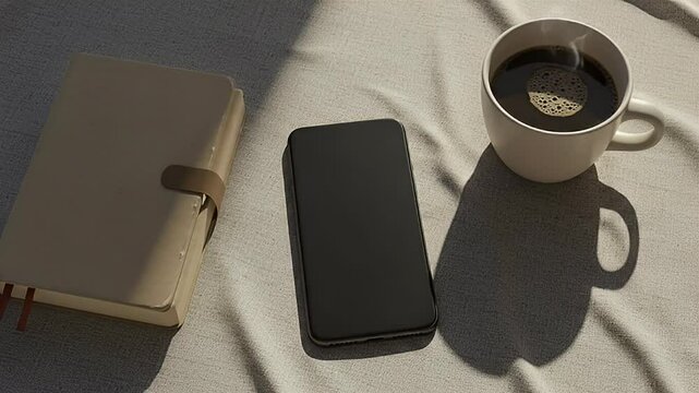 Coffee Cup with Mobile Phone and Beige Notebook on Textured Surface Top View Flat Lay Minimalist Style for Adobe Stock Photo