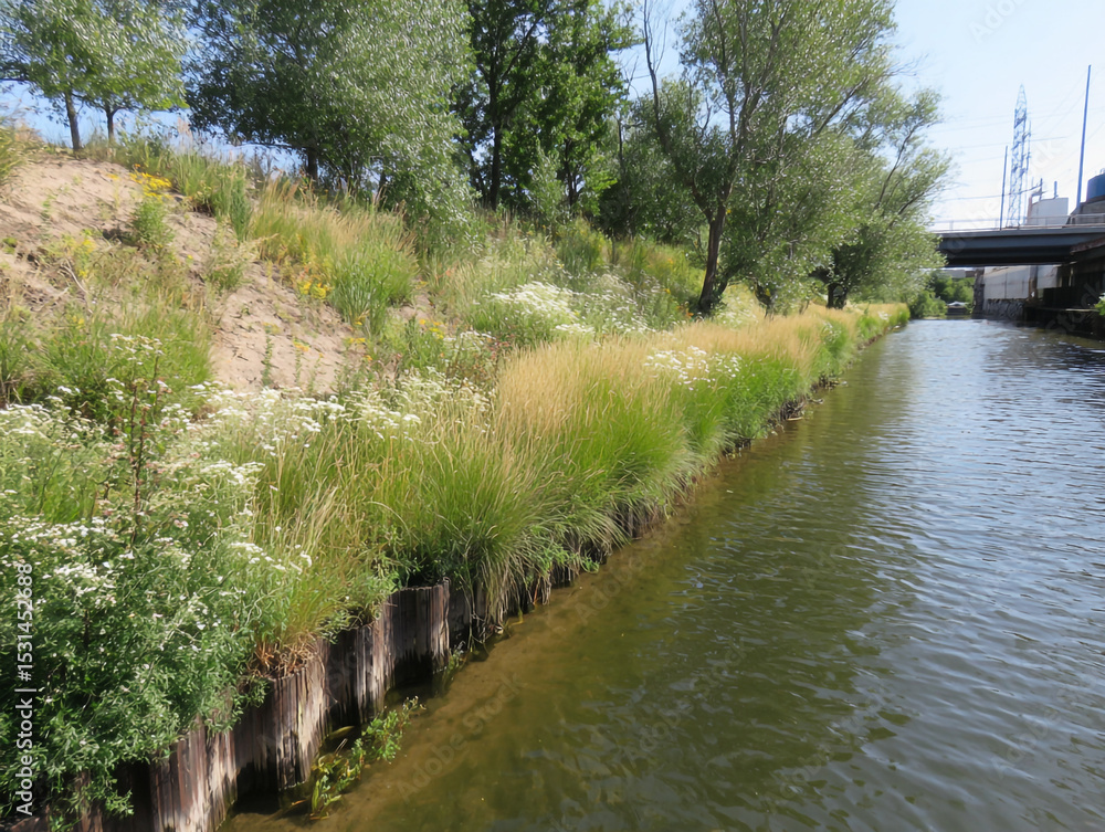 Poster a view of a canal with grassy banks and trees under a bright sky on a sunny day with a bridge in vie