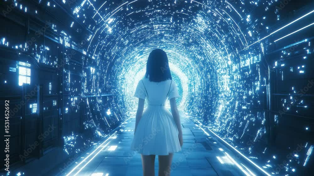 Poster AI conceptual motion design explores digital landscapes with a person in a glowing corridor, Reveals AI conceptual motion design, 3d of digital space in virtual reality