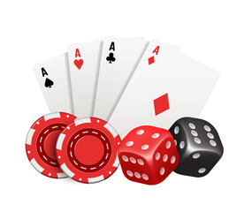 Obraz premium Card fan, chips and dice. Casino illustration. Vector 3d illustration