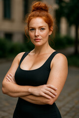 Confident Athletic Redhead Woman Standing with Arms Crossed Outdoors
