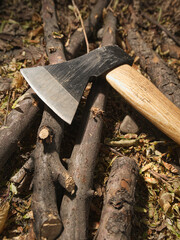 Hand Axe with Natural Wood Sticks for Campfire