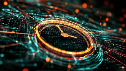 Speedometer illustrating data flow over a network of connections on a black background, speedometer over network of connections on black background - Powered by Adobe