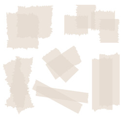 Set of beige semi-transparent washi tapes isolated on white. Tapes collection in vector. Pieces of decorative tape for scrapbooks. Torn paper