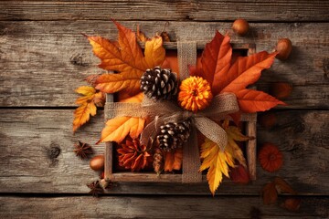 Autumnal wooden box filled with fall leaves, pinecones, and flowers