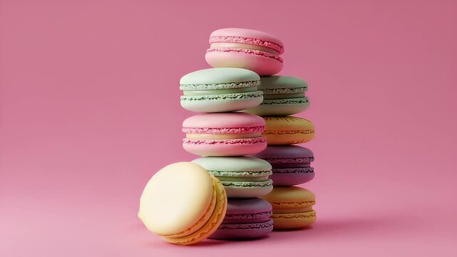Colorful Macarons Tower On Pink Surface