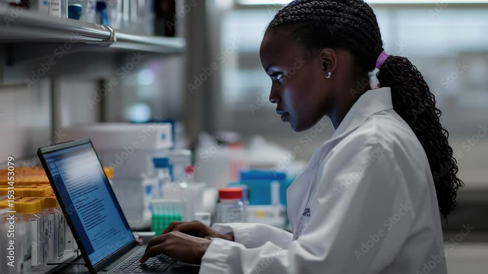 Poster scientist analyzes vaccine samples in laboratory setting focused on research and development, scient