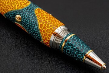 Close-up of a decorative pen with vibrant orange and teal scales