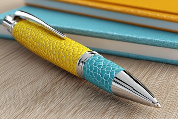 Yellow and teal pen on wood desk