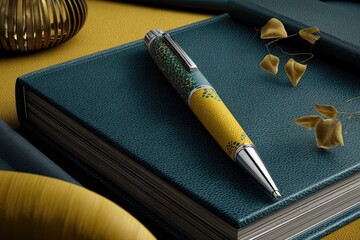 A stylish pen rests on a teal-blue leather notebook