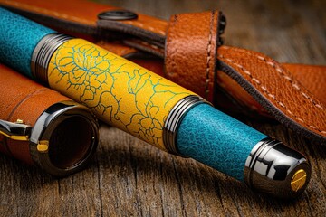 Close-up of a luxury fountain pen with intricate design.  Tan and teal colored body, floral motifs.  Leather case visible