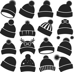 Diverse Winter Hat Silhouettes Collection Featuring Beanies, Pom-poms, Stripes, Bows, and Festive Designs for Cold Weather Apparel and Fashion
