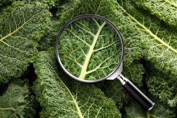Magnifying glass focused on kale leaf detail