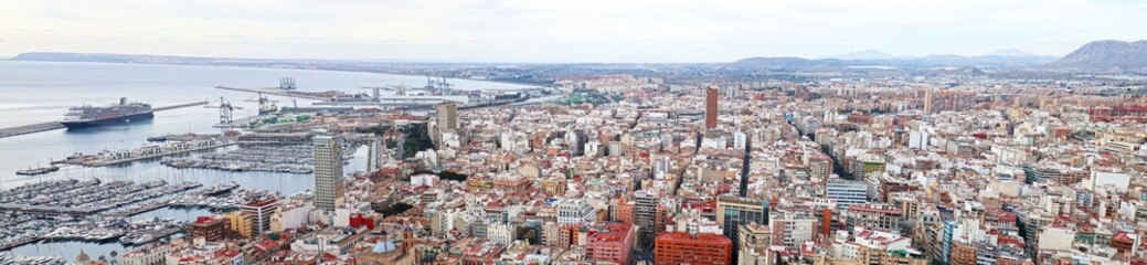 Alicante, Spain. Panoramic  View of Harbor and City. On a Cloudy day