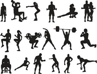 Dynamic Fitness and Workout Silhouettes Featuring Men and Women Exercising with Weights, Stretching, and Various Gym Activities