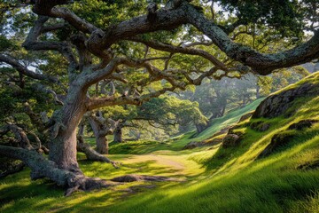 Sun-drenched oak grove path. Lush green landscape with ancient oak trees, gnarled branches, and a meandering grassy path