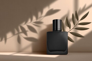 Black perfume bottle, sunlit shadows