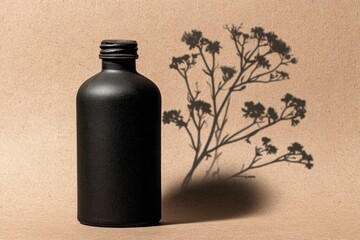Dark bottle, floral shadow on beige