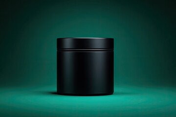 Black cylindrical container on teal background