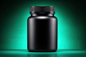 Black plastic pill bottle on teal background