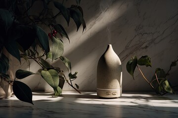 Light-filled still life with a muted-toned diffuser and greenery