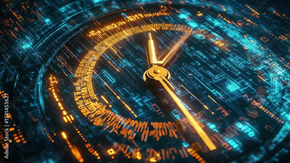 Aufkleber clock hands move rapidly over a digital landscape of code and glowing lines representing time and te