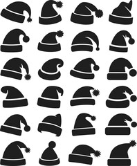 Large Collection of Santa Hat Silhouettes, Perfect for Christmas, Holiday Season, Festive Celebrations, and Winter-Themed Designs