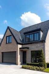 Obraz premium A contemporary residential home showcasing elegant architecture, nestled within a beautifully landscaped yard, all set against a backdrop of a vibrant blue sky in a charming suburban neighborhood