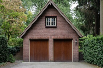 A delightful brick garage featuring rustic wooden doors, beautifully surrounded by lush green foliage, sits peacefully in a tranquil residential neighborhood during the enchanting autumn season