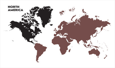 World map with North America focus-11, Map of North America, highlighted on the world map, North America on the world map, Satellite view, North America's location on the globe.